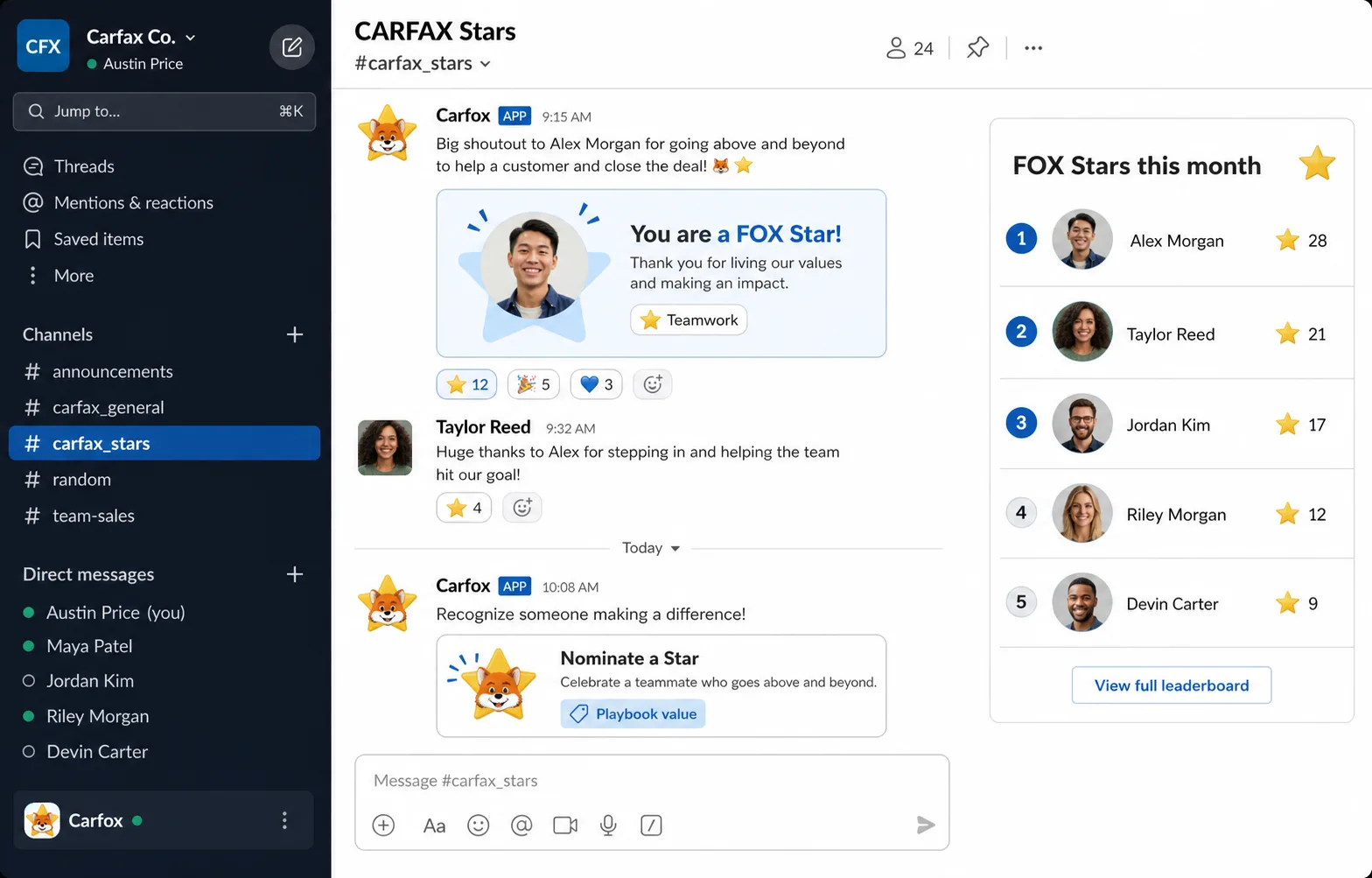Slack-style Carfox recognition channel with a values card and leaderboard